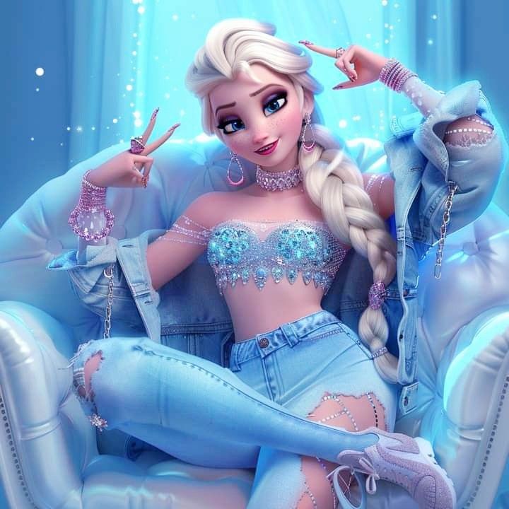 a frozen princess sitting on top of a blue chair with her hands in her hair