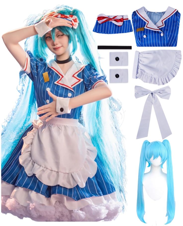 PRICES MAY VARY. 【Mesmerize Hatsune Maid Dress】Maid Hatsune costume in Mesmerize is a 1:1 replica of the soriginal. All the different details are perfect. It's a great value for money. 【Complete suit】1*Dress+1*Apron+1*Bow+1*Headwear+1*Necklace+2*Bracelet. This Vocaloid 01 cosplay dress will take you into the wonderful virtual idols world! Please refer to the size chart carefully before placing your order to choose the most suitable size. 【Comfort & Durability】Hatsune cosplay dress is made of hig Flutterbat Cosplay, Blue Maid Dress, Characters To Cosplay, Hatsune Miku Costume, Miku Outfits, Hatsune Miku Outfits, Hatsune Miku Cosplay, Blue Costume, Vocaloid Cosplay