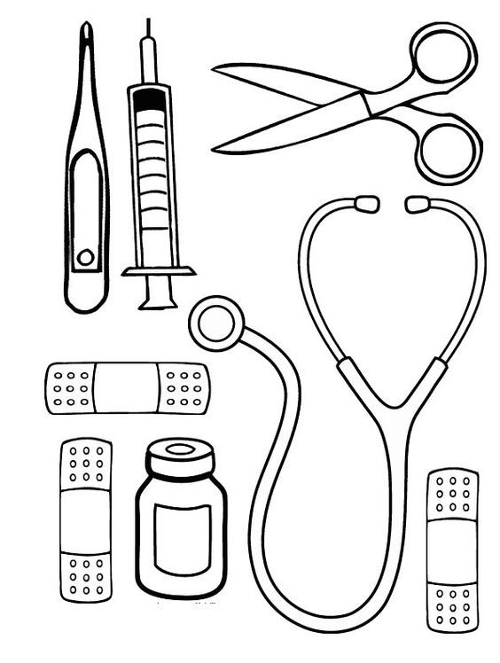 medical supplies are shown in this black and white drawing, including a stethoscope