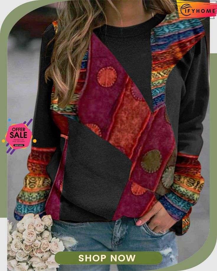 Cotton Crew Neck Casual Shirt & Top Relaxed Fit Patchwork Top With Crew Neck, Multicolor Crew Neck Sweatshirt For Fall, Casual Multicolor Patchwork T-shirt, Multicolor Crew Neck T-shirt For Winter, Casual Multicolor Winter Tops, Casual Multicolor Tops For Winter, Casual Multicolor Patchwork Tops, Multicolor Long Sleeve T-shirt For Winter, Winter Long Sleeve Patchwork Tops