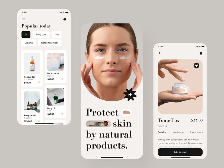 three mobile screens showing different products on the screen and in front of them are images of women's hands, skin care products, and cosmetics