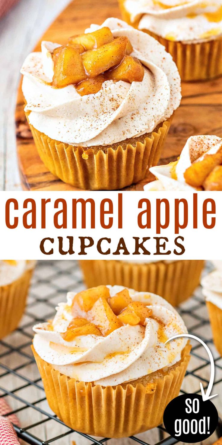 caramel apple cupcakes on a cooling rack with the title overlay removed