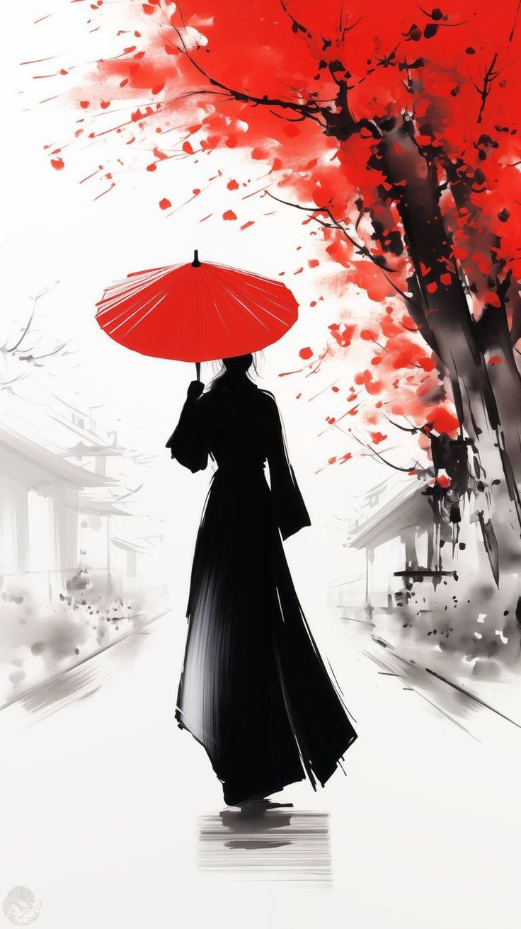 a woman with an umbrella walks down the street in front of a red blossom tree