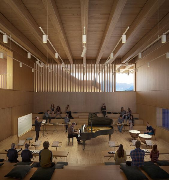 a group of people sitting around a piano in a room with wooden walls and ceilings