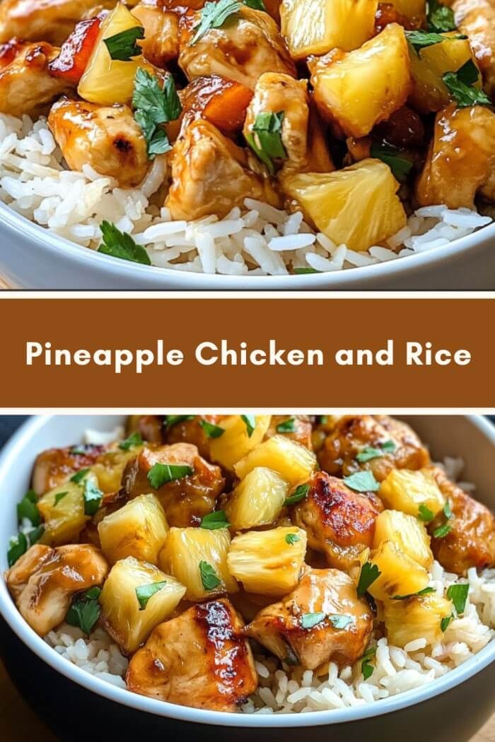 pineapple chicken and rice in a white bowl