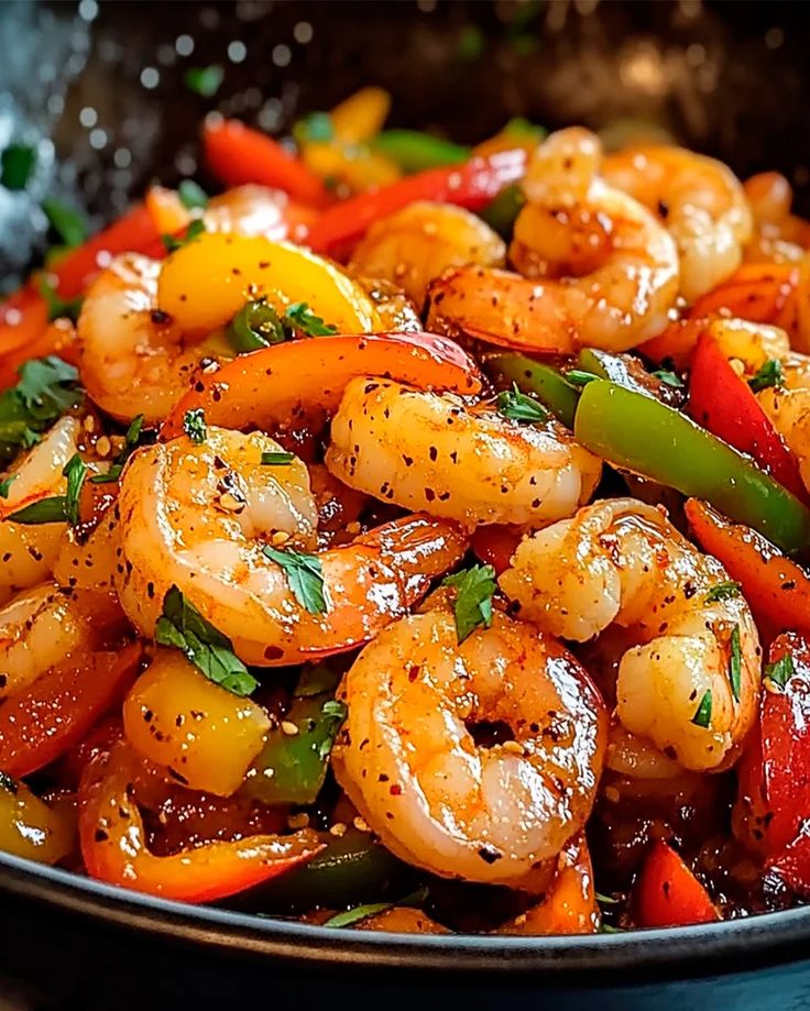 a skillet filled with shrimp and peppers