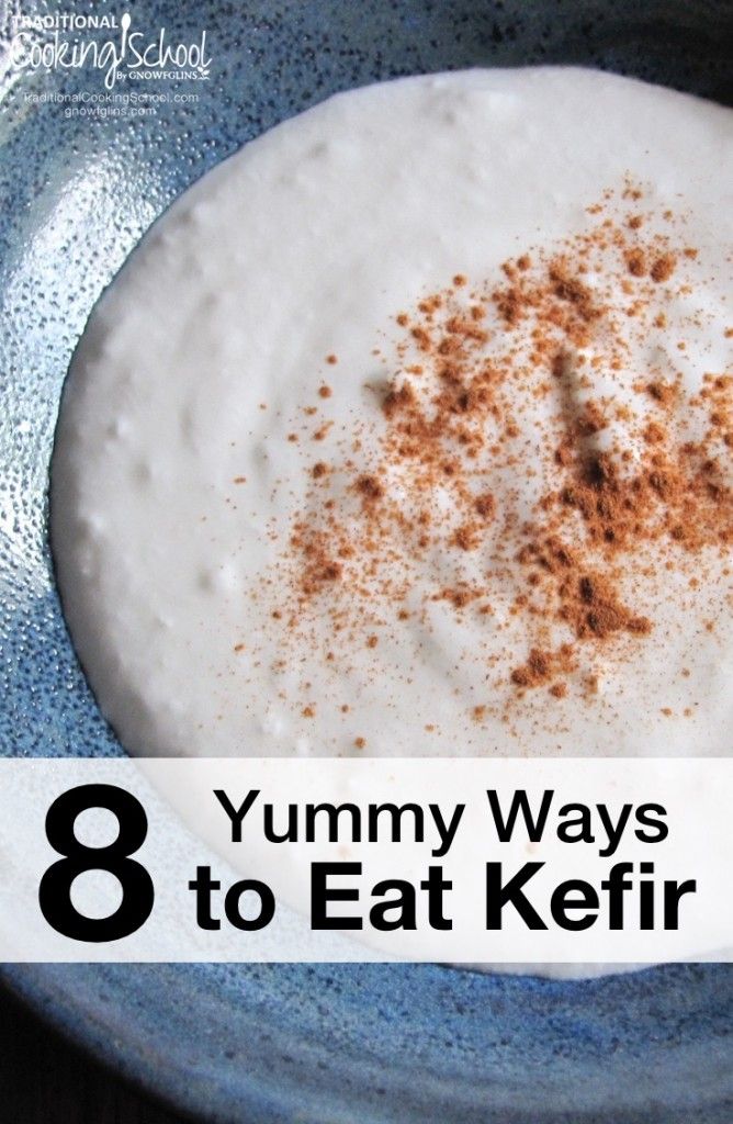 a plate with yogurt and cinnamon sprinkles on it in front of the words 8 yummy ways to eat kefir