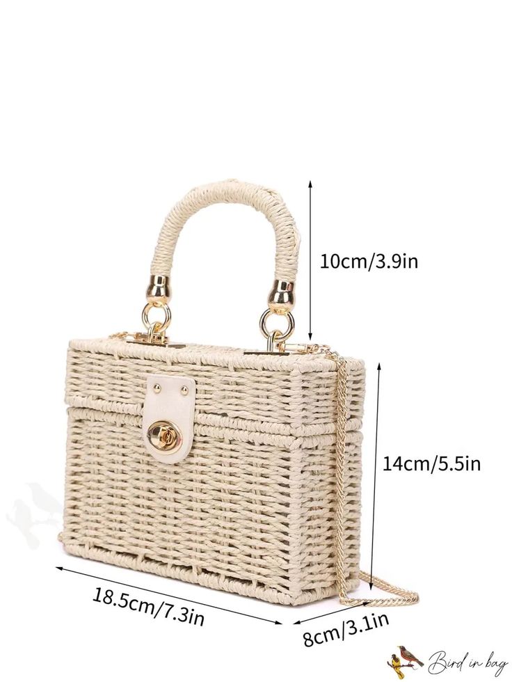 BirdinBag - Compact Twist Lock Straw Bag Trendy Rectangular Straw Bag With Adjustable Strap, Trendy Rectangular Straw Bag With Detachable Strap, Travel Rectangular Straw Bag With Detachable Strap, White Bag With Adjustable Handle For Daily Use, Rectangular Shopping Bag With Detachable Handle, Rectangular Shoulder Bag For Shopping, White Rectangular Shoulder Bag With Adjustable Handle, Summer Rectangular Box Bag With Detachable Strap, Rectangular Straw Bag With Adjustable Strap