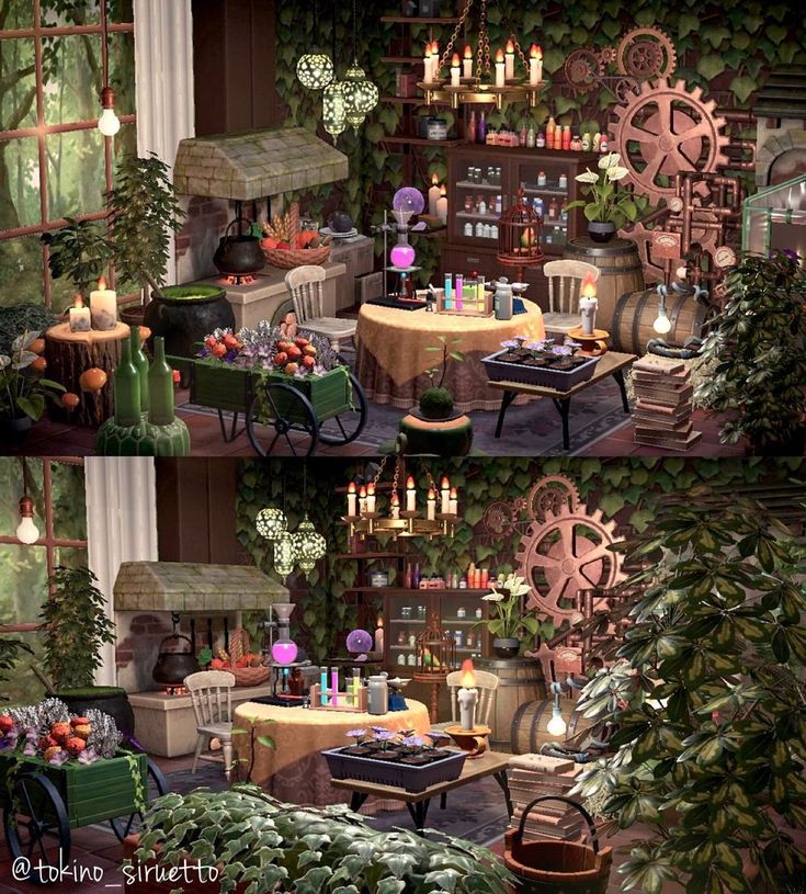 there are two pictures of a living room with plants and candles on the fireplaces