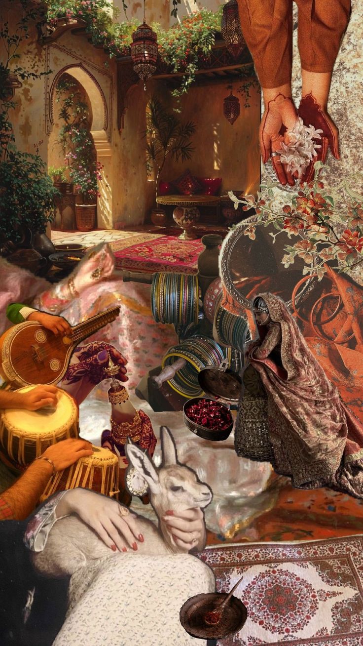 a painting of a woman laying on the ground surrounded by other items and flowers, with one hand reaching for something