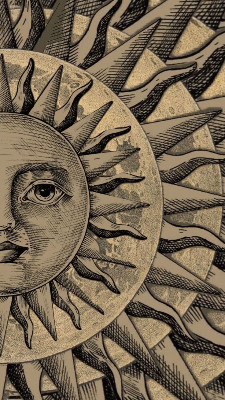 an artistic drawing of the sun with its face in front of it's center