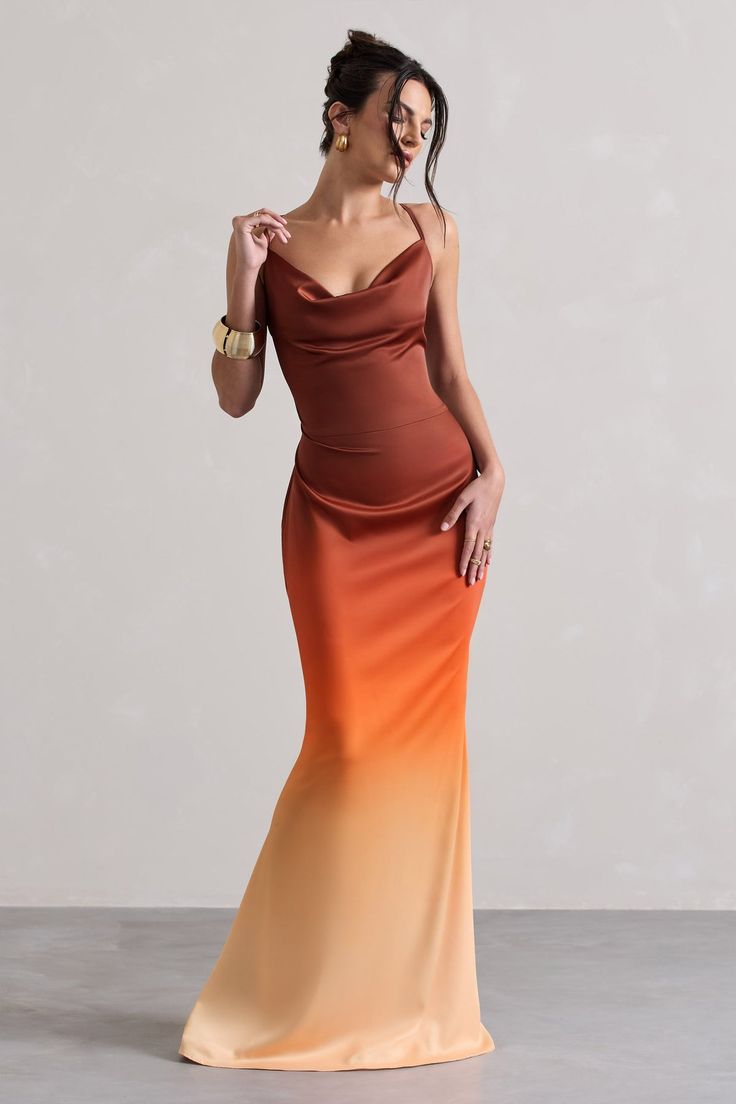 Fiji Orange Ombre Satin Cowl-Neck Strappy Maxi Dress – Club L London - USA Club L London, Strappy Maxi Dress, Ombre Dress, Ombre Fashion, Black Dress Prom, Orange Ombre, Black Tie Gala, Bridesmaid Outfit, Black Velvet Dress