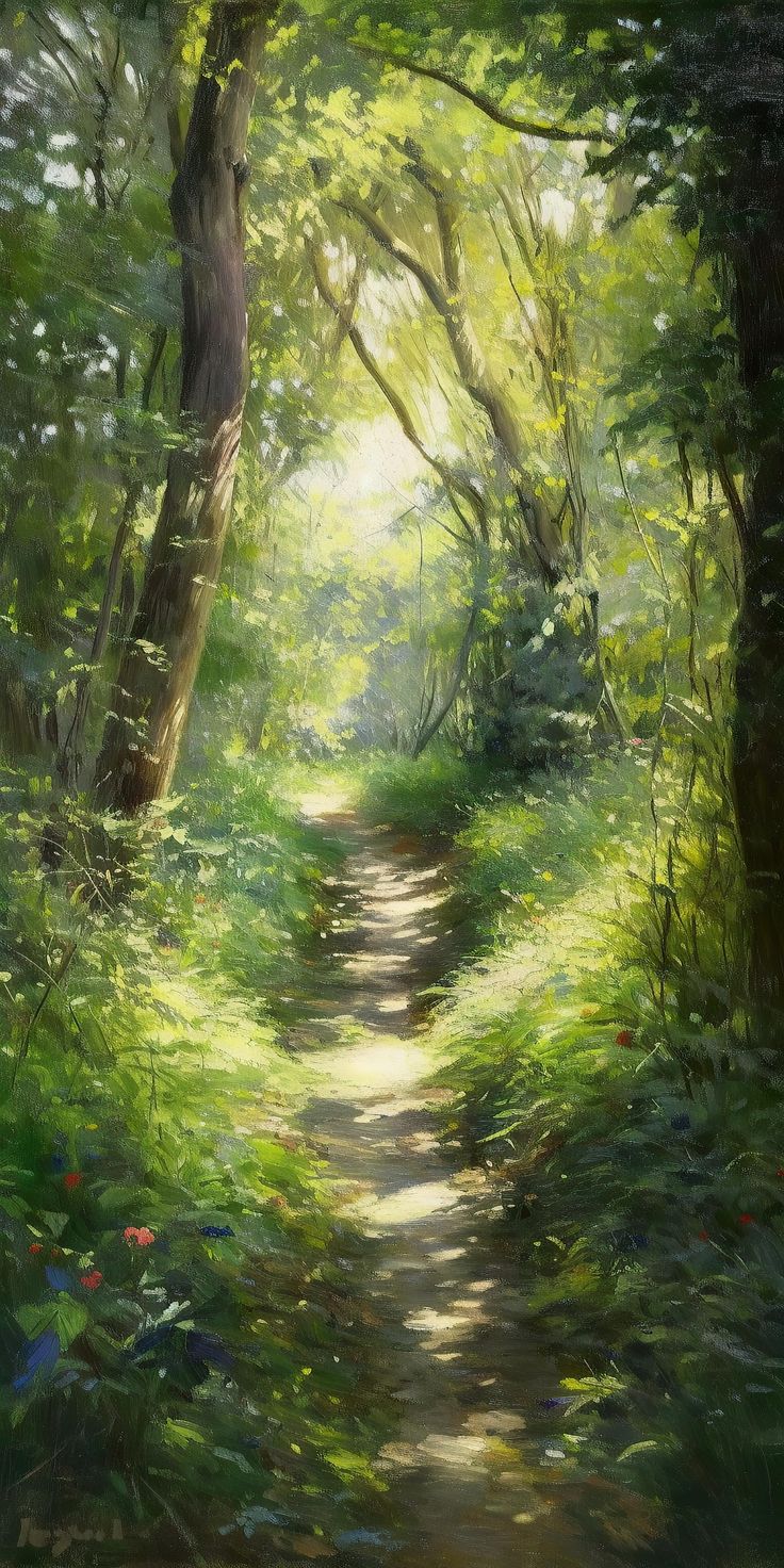 an oil painting of a path in the woods