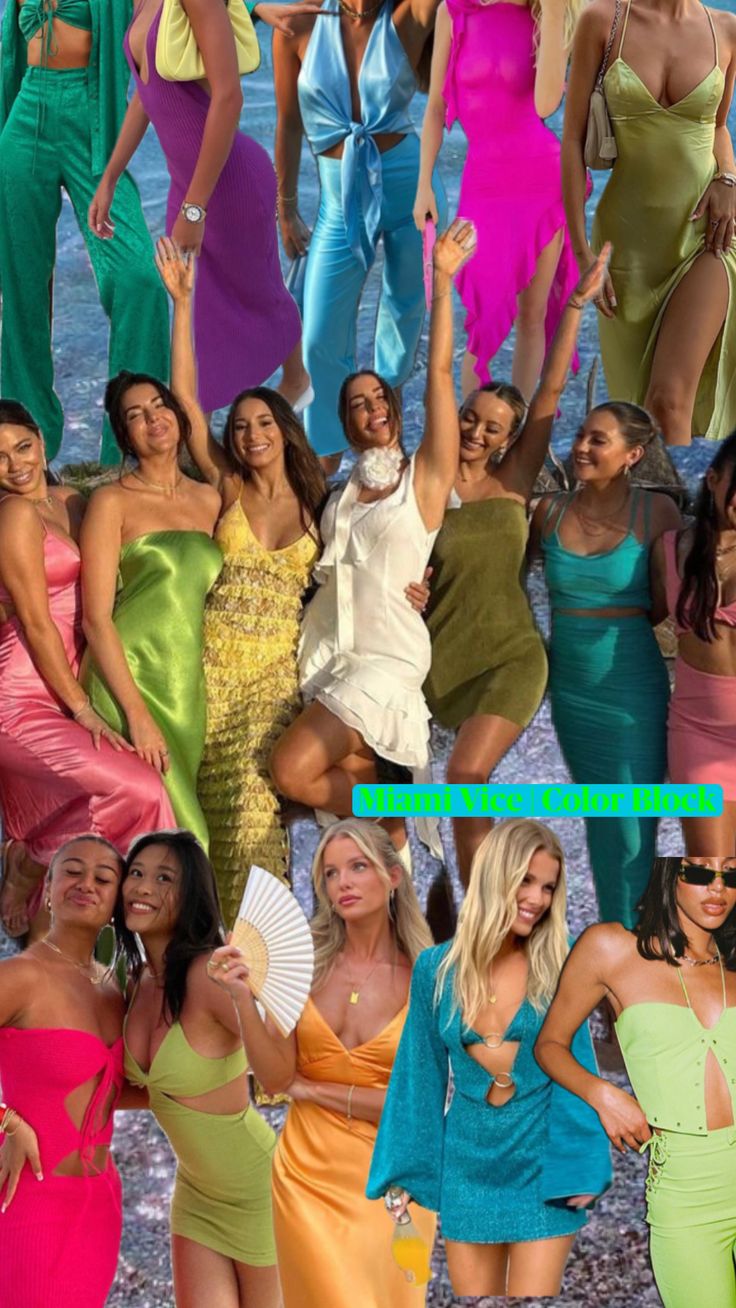 Pastel Color Bachelorette Party, Tropic Like Its Hot Bachelorette Party Outfits, Bright Colored Outfits Summer, Miami Vibes Outfits Party, Love Island Themed Party Outfits, Jewel Tone Bachelorette Party, Color Bachelorette Party Theme, Bright Bachelorette Party Outfits, Bachelorette Color Theme Outfits