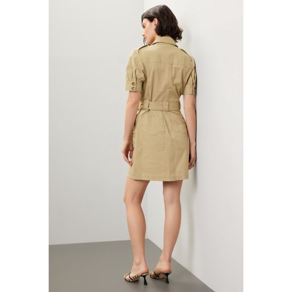 Brown twill (97% Cotton, 3% Spandex). Shirt dress. Short sleeves. Collar. Front button closure. 35" from shoulder to hemline. Imported. Knee-length Shirt Dress With Roll-up Sleeves For Work, Classic Dress With Rolled Sleeves For Work, Collared Shirt Dress With Rolled Sleeves For Work, Collared Mini Dress For Daywear With Belt, Workwear Dress With Roll-up Sleeves And Spread Collar, Collared Mini Dress With Pockets For Work, Fall Workwear Dresses With Roll-up Sleeves, Beige Mini Length Shirt Dress For Work, Collared Mini Dress With Pockets For Daywear