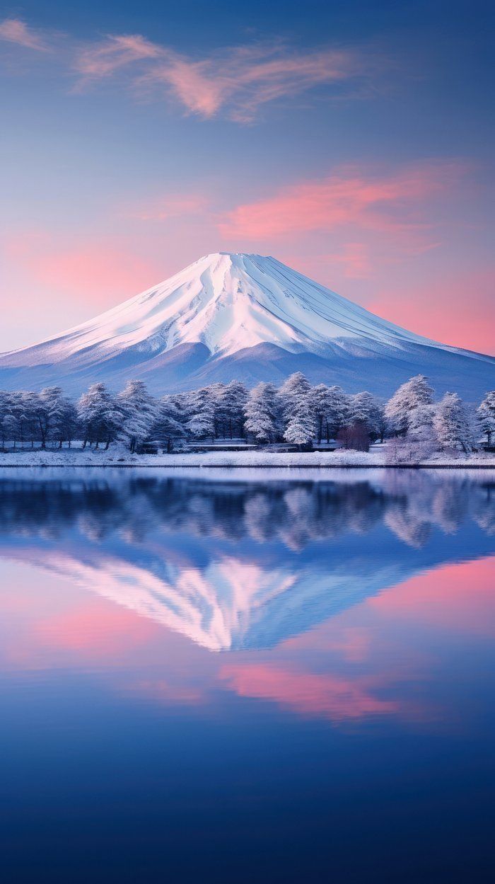 a snow covered mountain sitting on top of a lake