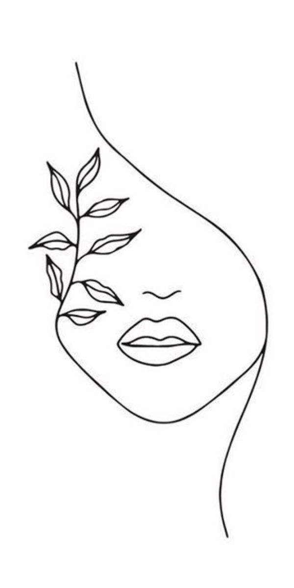 a line drawing of a woman's face with leaves on it