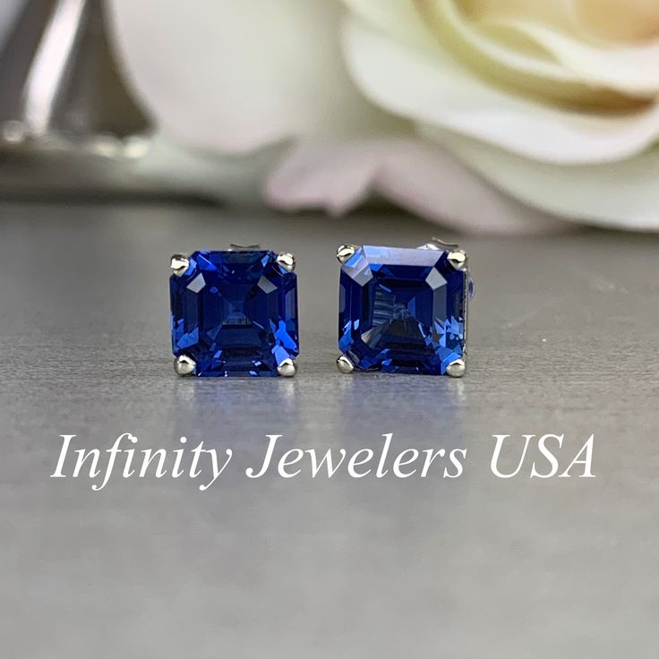 Asscher cCut Stud Earrings / Blue Sapphire Earrings / 14k White Gold / #6356 #GiftIdeasForHer #AsscherCutEarrings #LadiesGift #BirthdayGift #AnniversaryGift #MothersDayGift #UniqueSetting #StudEarrings #BridalGift #EngagementGift Blue Rectangular Lab-created Sapphire Jewelry, Classic Blue Sapphire Earrings, Classic Blue Lab-created Sapphire Earrings, Blue Square Cut Sapphire Jewelry, Blue Lab-created Sapphire Jewelry, Square Cut, Square Cut Blue Lab-created Sapphire Jewelry, Blue Square Cut Lab-created Sapphire Jewelry, Blue Square-cut Lab-created Sapphire Jewelry, Classic Blue Hypoallergenic Jewelry