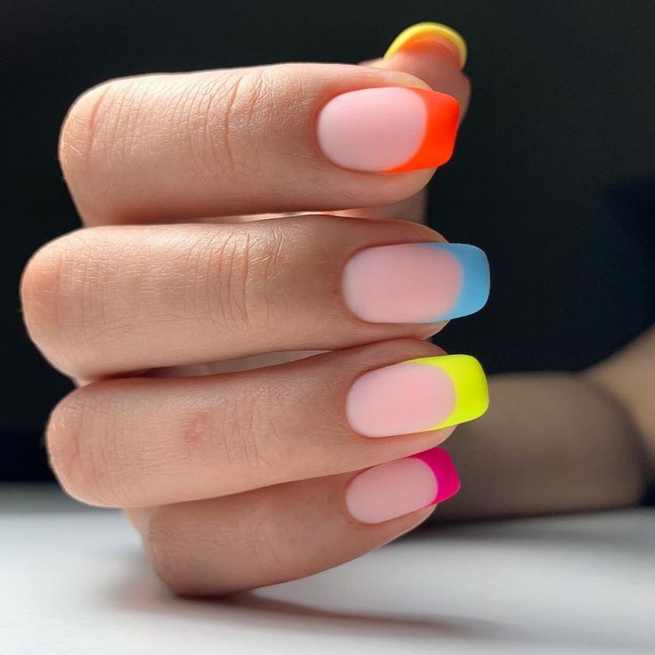 Neon French Nail Designs, Rainbow Beach Nails, Beach Neon Nails, Flouresant Nails, Fluorescent Nail Designs, Square Rainbow Nails, Neon French Tip Nails Short, Neon Tips Acrylic Nails, Airbrush French Tip Nails