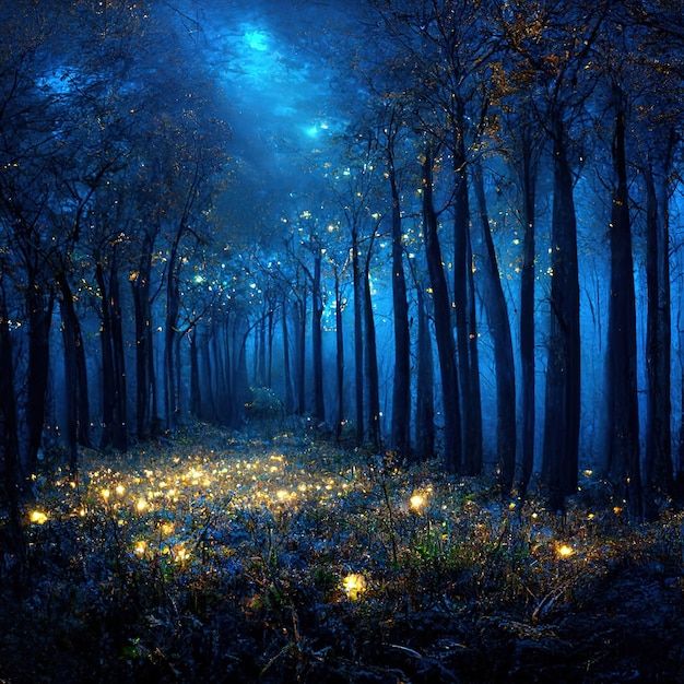 a forest filled with lots of trees covered in fireflies