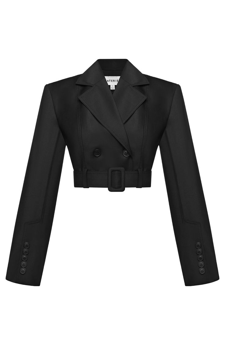 Recycled wool cropped jacket. Double breasted. Belted. Button decoration on the sleeves. Triangle cut on the back. Lined. Color: black Shell: 86% Virgin Wool, 10% Polyamide, 4% Elastane Lining: 100% Polyester Made in Georgia Mini Jacket, Blazer Crop, Cropped Jackets, Cropped Coat, Fashion Design Drawings, Coat Design, Refashion Clothes, Cropped Jacket, Dark Fashion