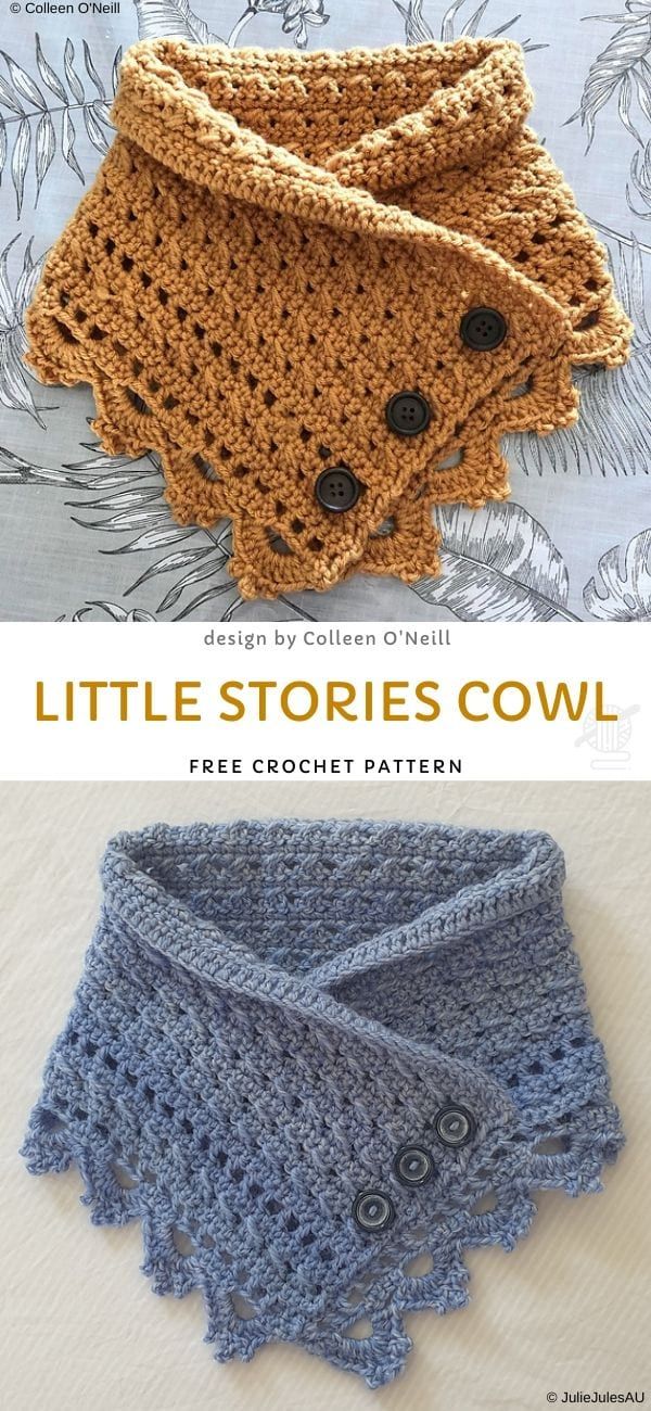 two crocheted scarves with buttons on them and the title, little stories cowl