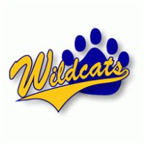 the wildcats logo is shown in blue, yellow and white with paw prints on it