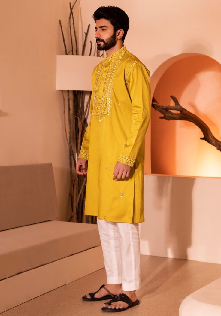 Mustard Yellow Silk Kurta Set Shreyansh - Fabilicious Fashion Embroidered Dola Silk Kurta For Transitional Seasons, Transitional Embroidered Dola Silk Kurta, Traditional Unstitched Cotton Silk Suit With Mirror Work, Dola Silk Kurta With Chikankari Embroidery And Traditional Drape, Silk Kurta With Resham Embroidery For Diwali, Silk Churidar With Mirror Work For Transitional Season, Chikankari Embroidered Kurta In Dola Silk With Traditional Drape, Chikankari Embroidery Dola Silk Kurta With Traditional Drape, Chikankari Embroidery Dola Silk Kurta