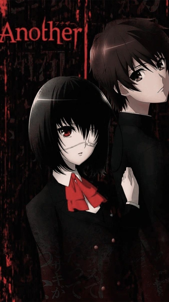 two anime characters standing next to each other in front of a red and black background