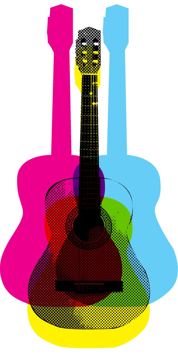 an acoustic guitar in front of colored shapes on a white background with black and yellow accents