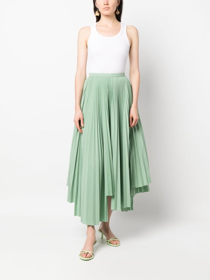 Plan C Asymmetric Pleated Skirt - Farfetch Pleats Skirt, Bow Blouse, Shop Plans, Green Skirt, Asymmetric Hem, Pleated Skirt, Mint Green, Fashion Branding, Top Brands