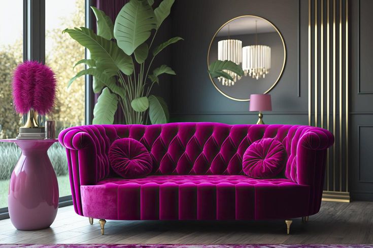 a purple couch sitting in front of a window next to a pink vase and mirror