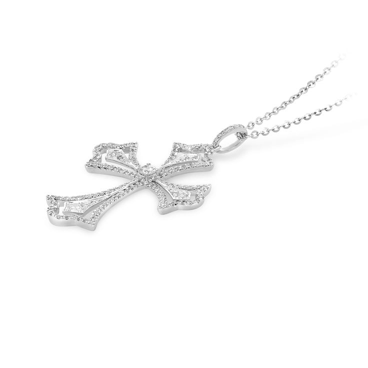 Faith meets fashion in this stylish diamond pave cutout cross pendant. Created in 18K white gold, this design features a polished diamond embellished scalloped-edged cross with a brilliant cut round sparkling diamond tying the design together.  A fashionable look she'll adore and wear daily as well as on special occasions. The perfect gift for an anniversary. 
0.65 carat pave setting
18k white gold
We offer a Free virtual Consultation from the comfort of your home so that you can Diamond White Diamond Cross Necklace For Anniversary, White Gold Diamond Cross Necklace For Wedding, Diamond White Diamond Cross Necklace, Silver Diamond Cross Necklace For Anniversary, Formal White Gold Cross Necklace With Diamond Cut, Diamond White Cross Necklace With Diamond Accents, Diamond Cross Necklace With Accents For Anniversary, White Gold Cross Necklace With Brilliant Cut Cubic Zirconia, Diamond Cross Pendant Necklace For Wedding