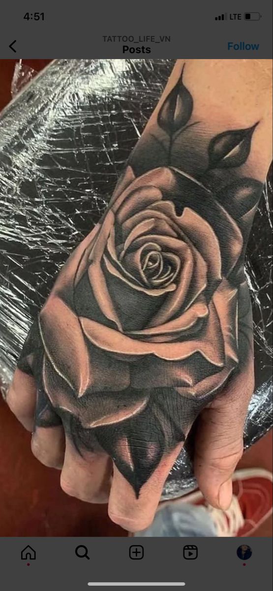 a hand with a rose tattoo on it