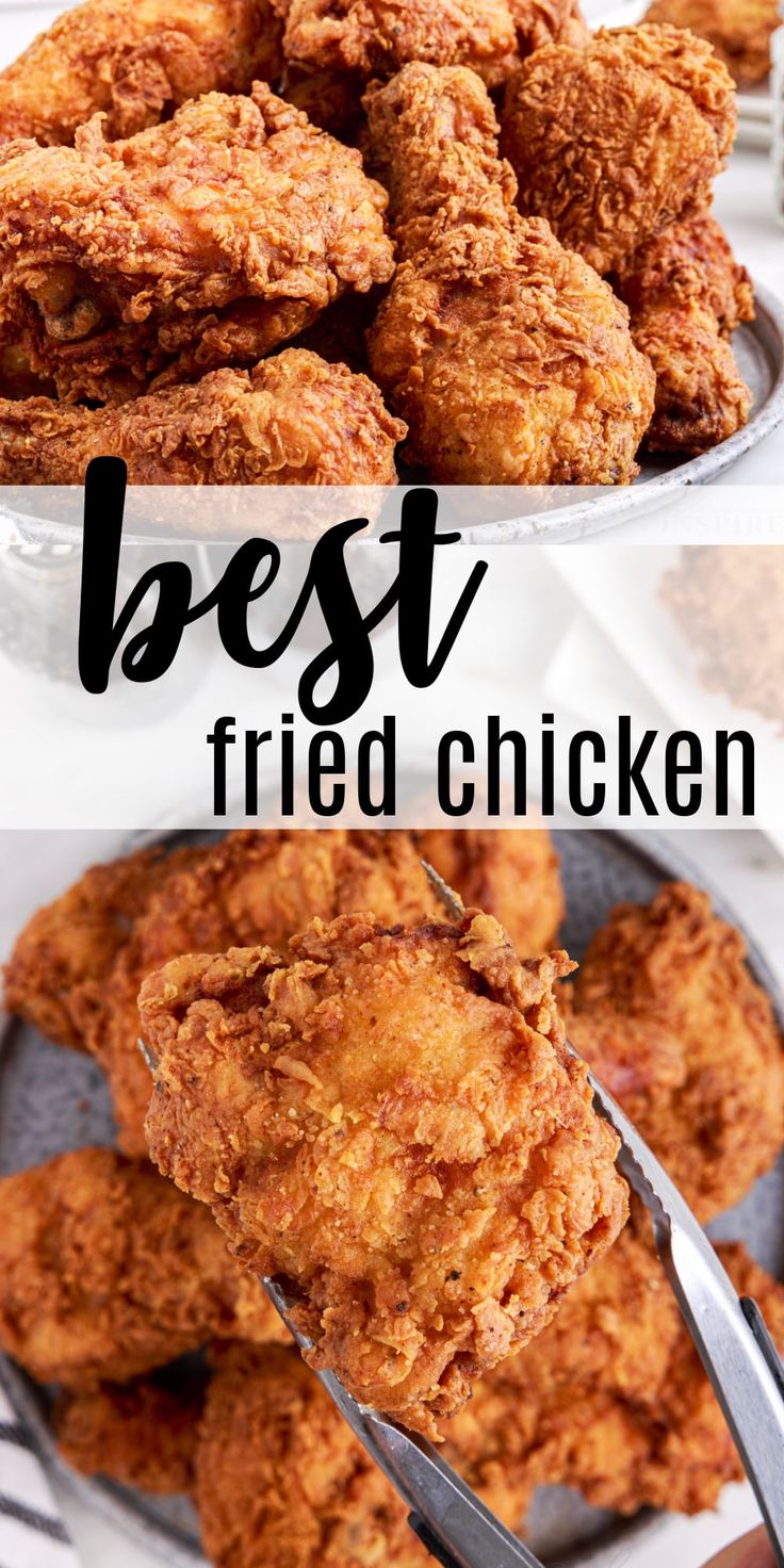 the best fried chicken recipe is on a plate with a fork and spoon in it