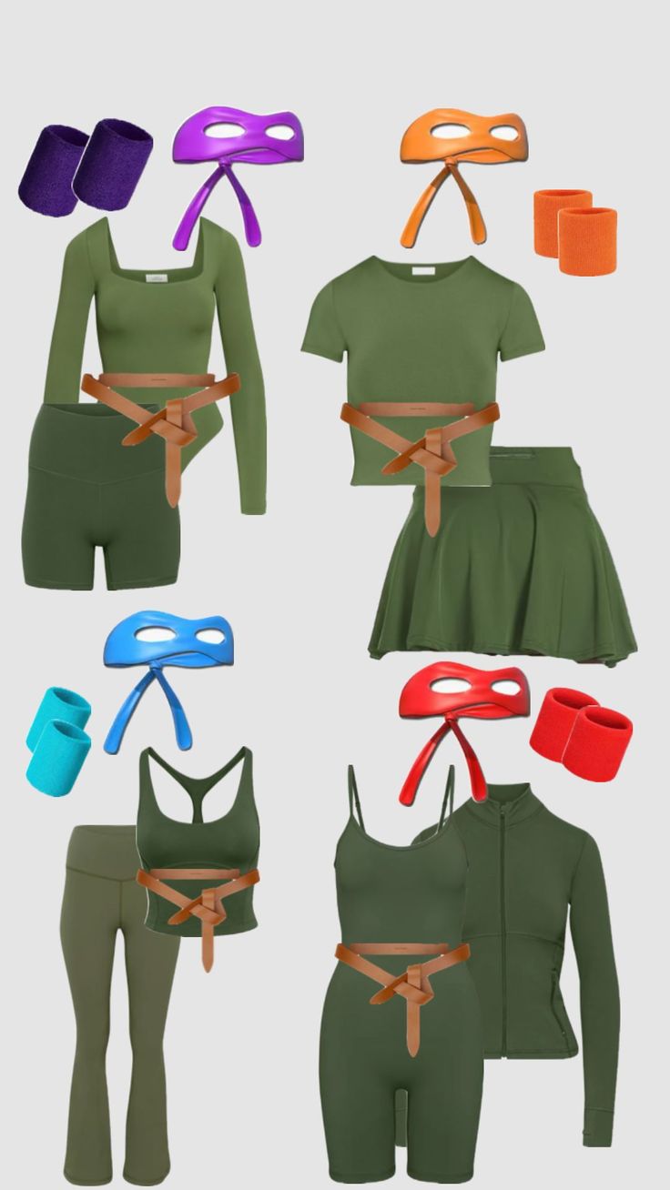 six different types of clothes with straps on each chest and one wearing a green top