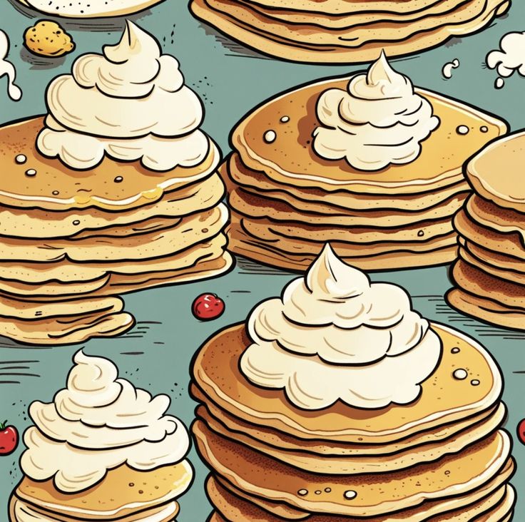 pancakes with whipped cream and cherries on them are shown in this cartoon style illustration