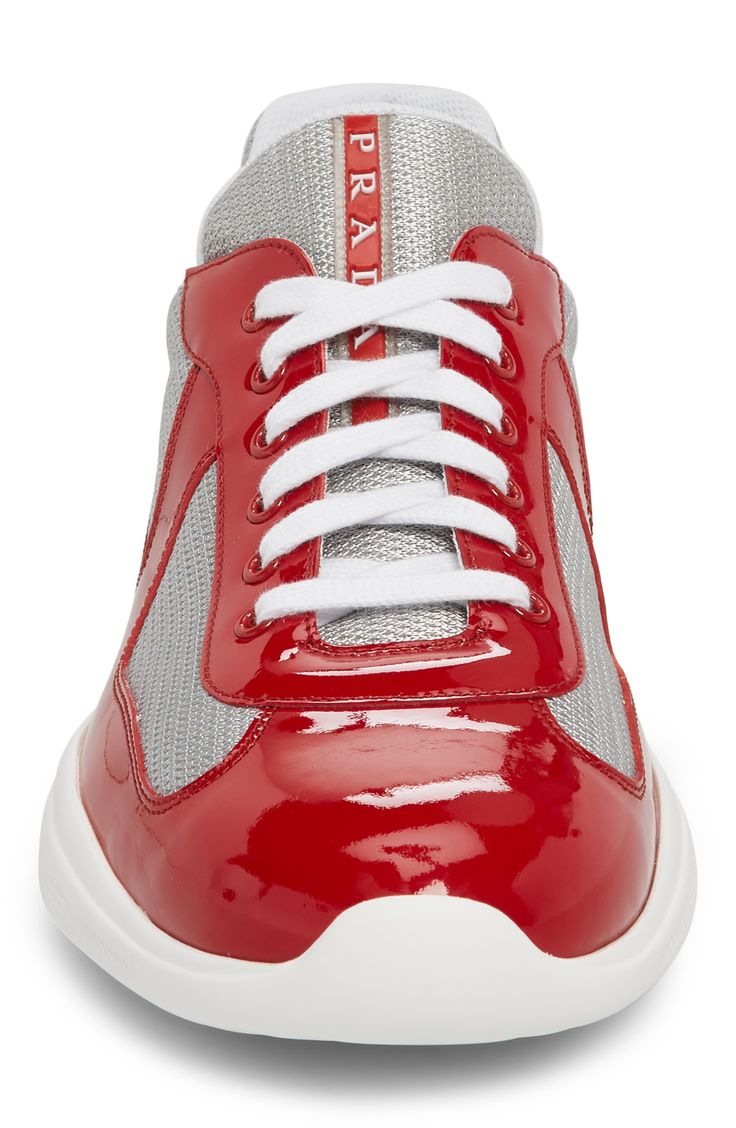 Modern mesh inlays add a touch of texture to a sporty sneaker formed from high-shine patent leather. Style Name:Prada Americas Cup Sneaker (Men). Style Number: 725998. Patent Leather Lace-up Sneakers With Rubber Sole, Lace-up Patent Leather Sneakers With Rubber Sole, Sports Sneakers With Patent Leather And Round Toe, Sports Sneakers In Patent Leather, Lace-up Patent Leather Sneakers With Translucent Outsole, Sporty Patent Leather Lace-up Sneakers, Patent Leather Sneakers With Abzorb Midsole, White Sole Patent Leather Sneakers With Rubber Sole, Modern Patent Leather Lace-up Sneakers