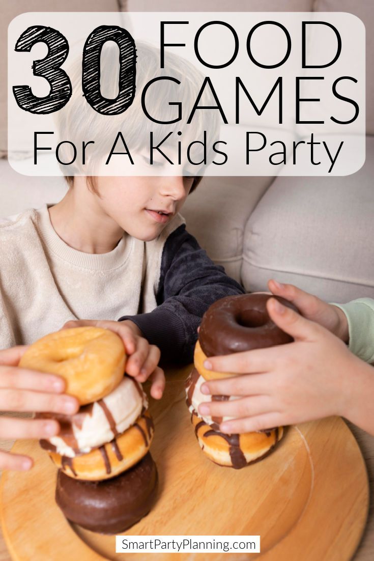 two children eating donuts with the words 30 food games for a kids party