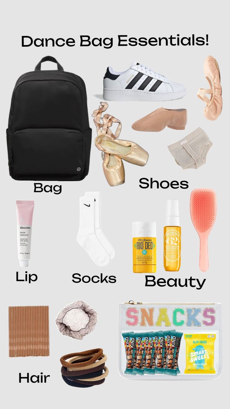 What To Have In Your Dance Bag, What Is In My Dance Bag, Dance Essentials Bags, What’s In My Bag Dance, Dance Stuff Aesthetic, Ballet Essentials Dance Bags, What To Put In Dance Bag, Ballet Bag Essentials List, What To Pack In A Dance Bag