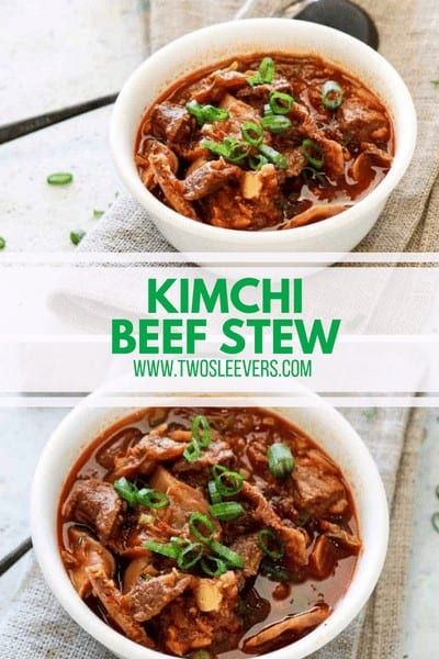 two bowls filled with beef stew on top of a table