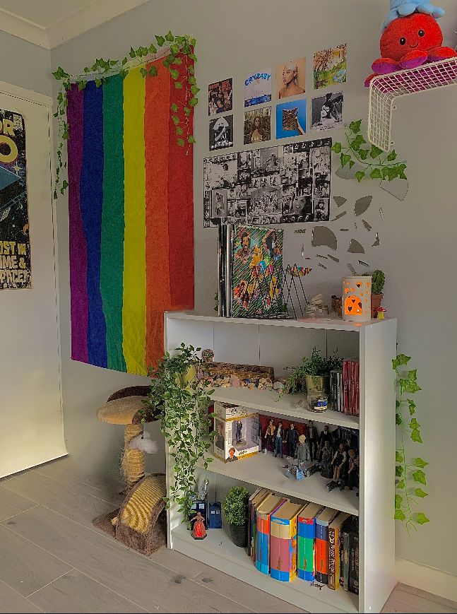 there is a book shelf with books in front of a rainbow flag on the wall