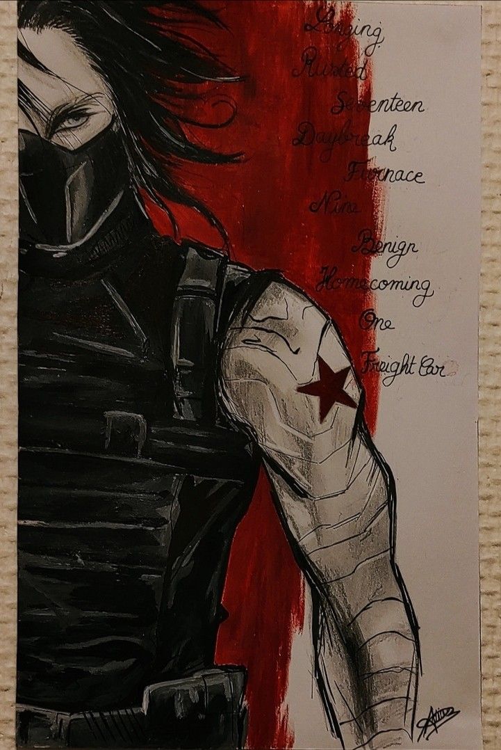 Longing Rusted Seventeen  Daybreak Furnace Nine Benign Homecoming One Freignt Car
Fan art 
Metal arm 
Winter soldier 
Sebastian Stan 
Bucky Barnes 
Captain America Bucky Barnes Coloring Page, Bucky Barnes Painting, Bucky Barnes Fanart Winter Soldier, Winter Soldier Sketch, Tvd Art, Face Pencil Drawing, Bucky Barnes Fanart, Soldier Drawing, Bucky Barnes Marvel