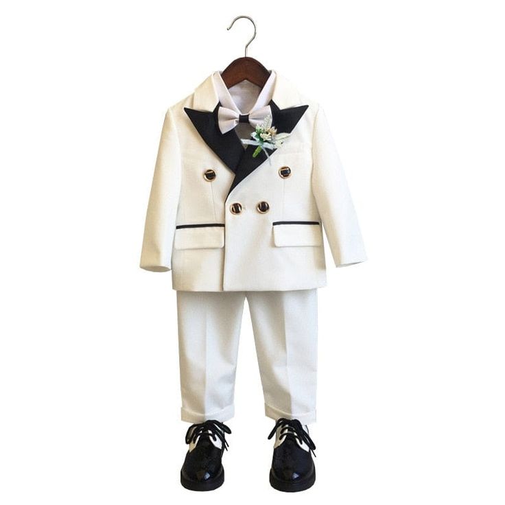 Stay smart and stylish on formal occasions with this boy-smart formal suit outfit. Featuring a white long sleeve shirt, bow tie, jacket and trousers. Prepare for the compliments to come your way! Material: Polyester, Cotton White Tuxedo With Suit Collar, White Double Breasted Long Sleeve Suit For Formal Occasions, White Double Breasted Long Sleeve Formal Suit, White Long Sleeve Tuxedo Suit, White Double Breasted Business Suit With Long Sleeves, White Blazer For Groom, White Tailored Party Set, White Tuxedo Blazer For Black Tie Events, White Tuxedo Blazer For Spring