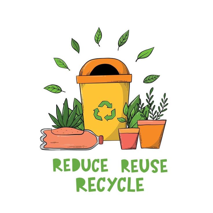 a yellow recycler surrounded by plants and potted plants with the words reduce reuse recycle