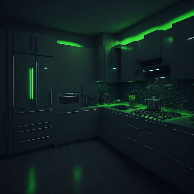 a dark kitchen with green lights on the cabinets and counter tops, along with stainless steel appliances