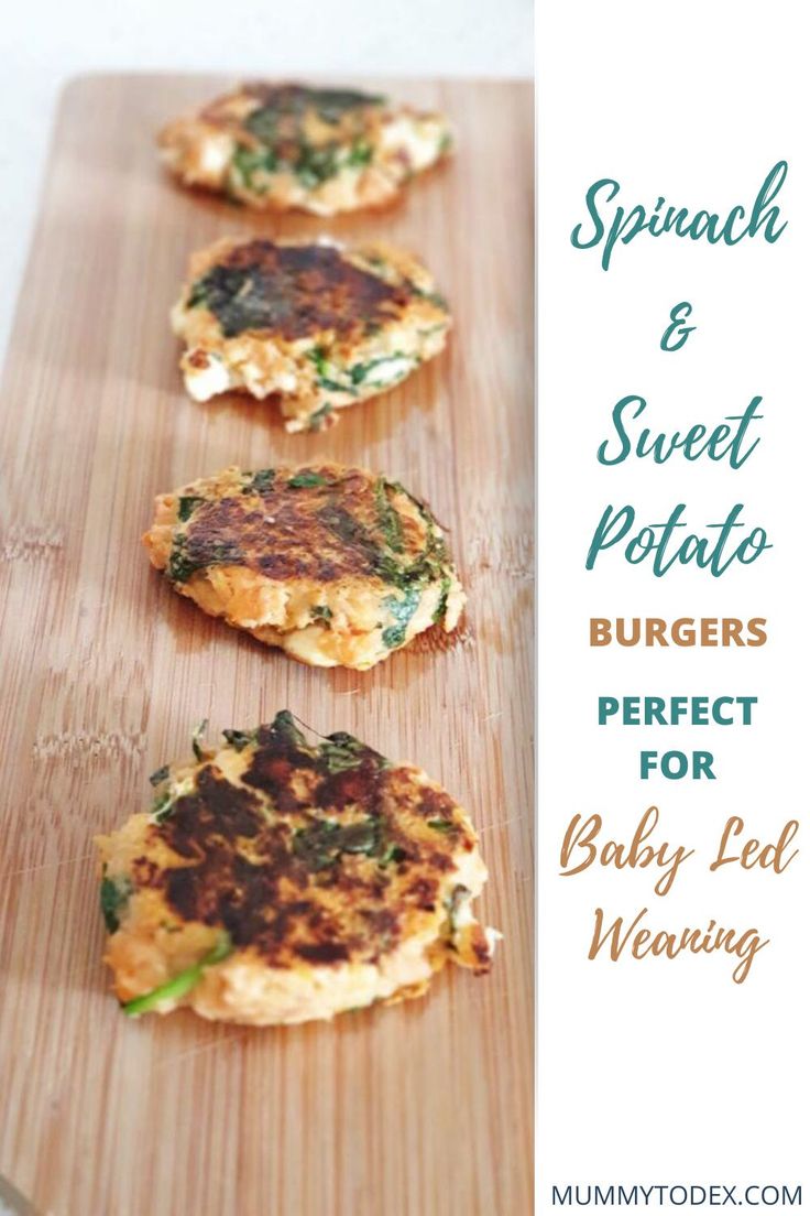 three pancakes with spinach and sweet potato burgers perfect for baby led weaning