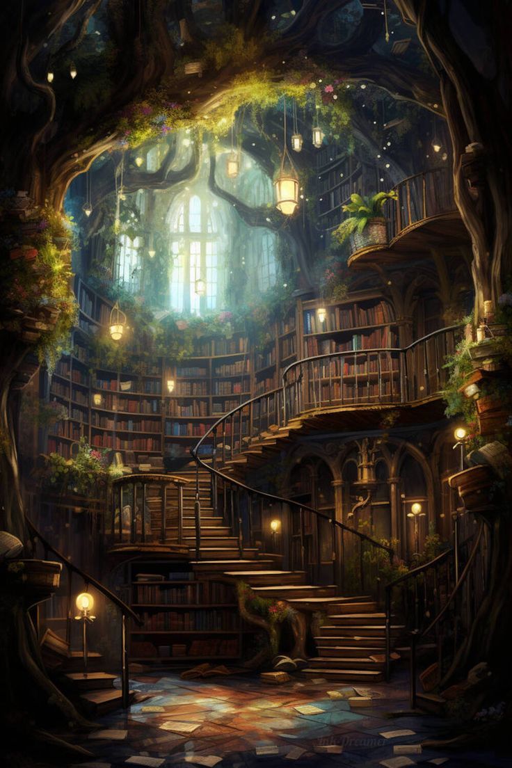 an image of a tree house with stairs and bookshelves in the forest at night