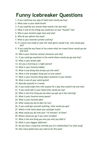 the funny icebreaker question is shown in this printable version for adults and children