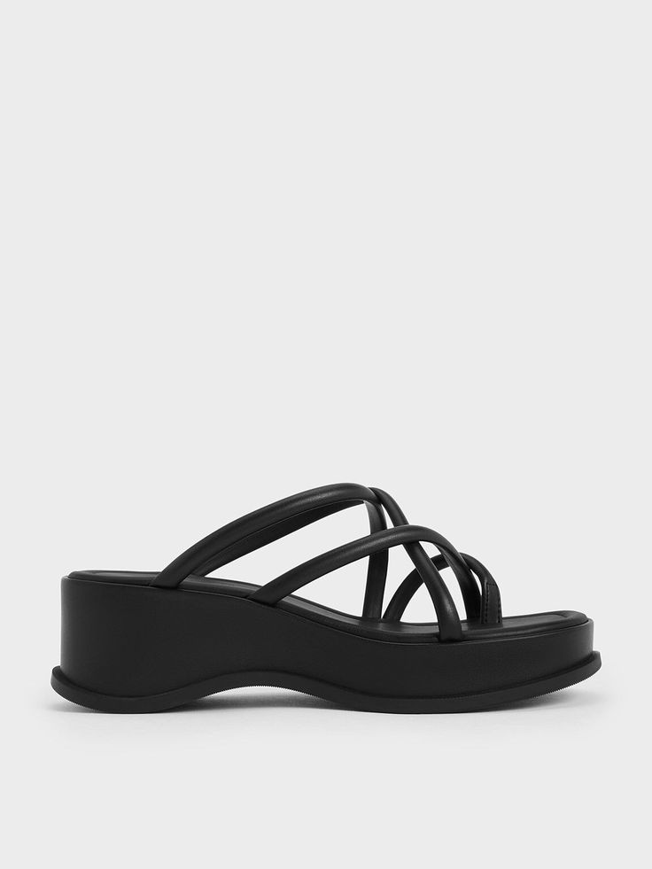 Black Strappy Tubular Wedge Sandals - CHARLES & KEITH US Different Aesthetics, Size Chart For Kids, Black Wedge Sandals, Charles Keith, Printables Kids, Toe Rings, Strappy Sandals, Belt Size, Wedge Shoes